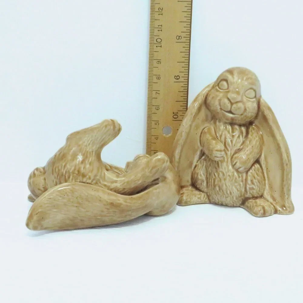 Handmade Ceramic Bunny Figurines Tan Glossy Finish Set of 2